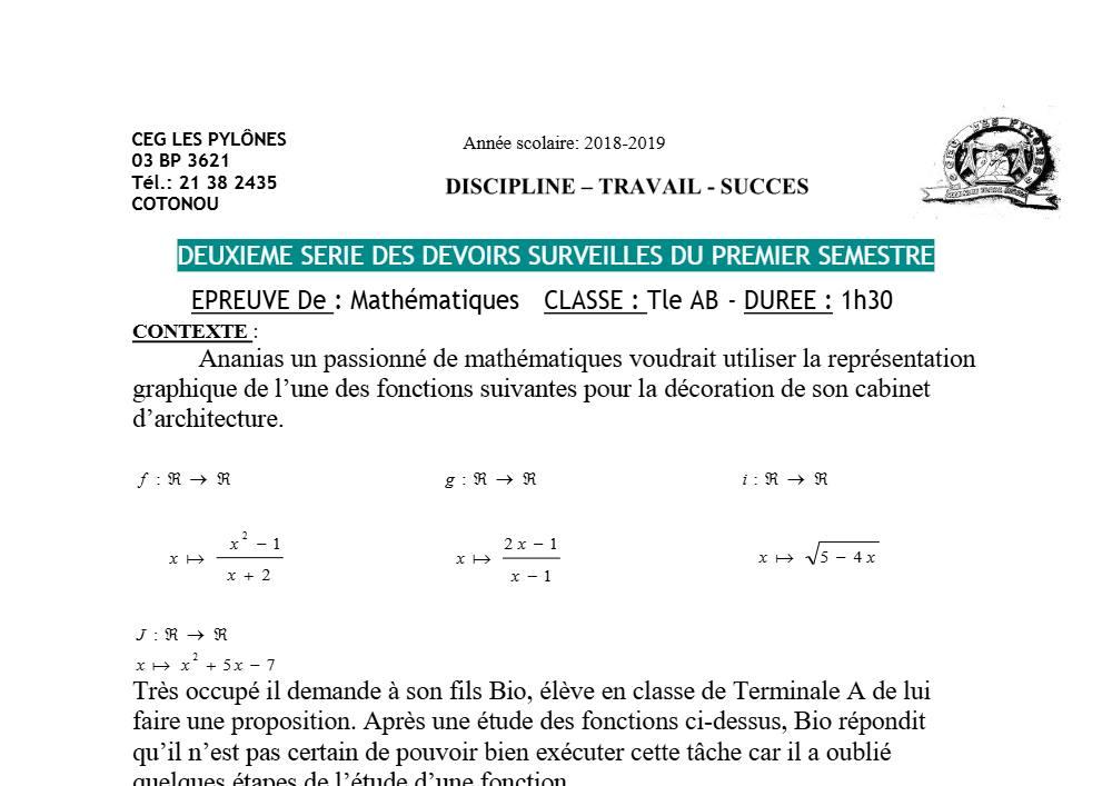 Aperçu de la première page — Tle A1 A2 B Mathématiques 2ème Devoir 1er Semestre CEG Les Pylônes 2018 2019