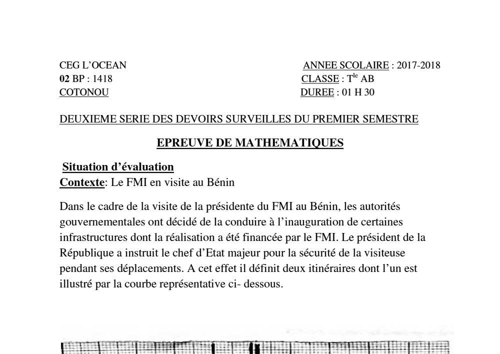 Aperçu de la première page — Tle A1 A2 B Mathématiques 2ème Devoir 1er Semestre CEG Ocean 2017 2018