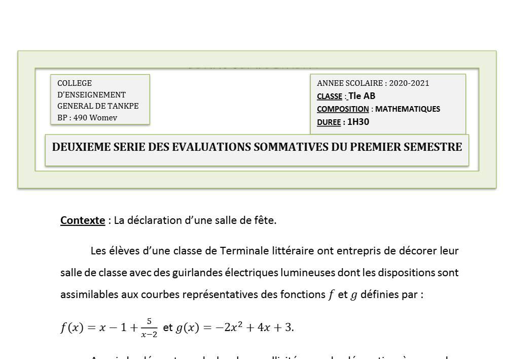 Aperçu de la première page — Tle A1 A2 B Mathématiques 2ème Devoir 1er Semestre CEG Tankpè 2020 2021