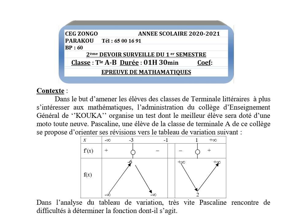 Aperçu de la première page — Tle A1 A2 B Mathématiques 2ème Devoir 1er Semestre CEG Zongo 2020 2021