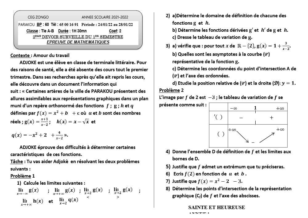 Aperçu de la première page — Tle A1 A2 B Mathématiques 2ème Devoir 1er Semestre CEG Zongo 2021 2022