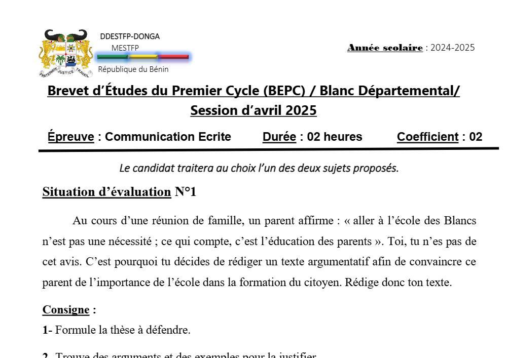Aperçu de la première page — DONGA BEPC BLANC 2025 Com Ecrite