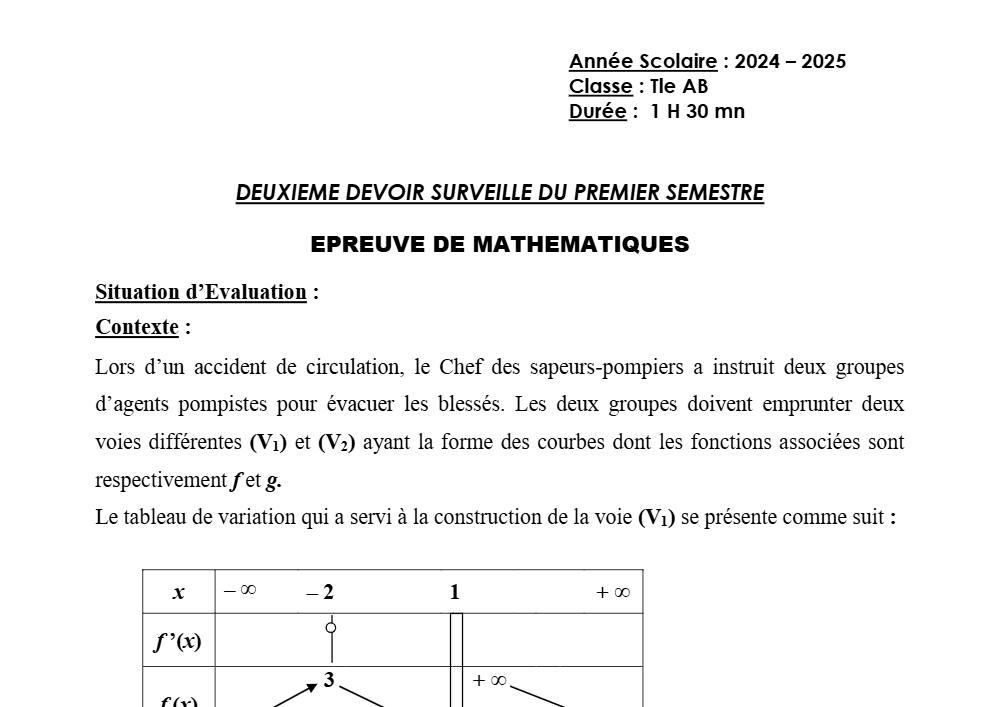 Aperçu de la première page — Tle A1 A2 B Mathématiques 2ème Devoir 1er Semestre Collège D'Enseignement Général 2024 2025