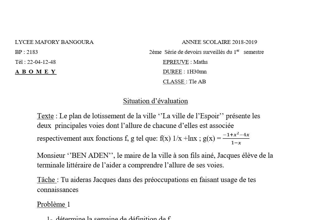 Aperçu de la première page — Tle A1 A2 B Mathématiques 2ème Devoir 1er Semestre Lycée Mafory Bangoura 2018 2019