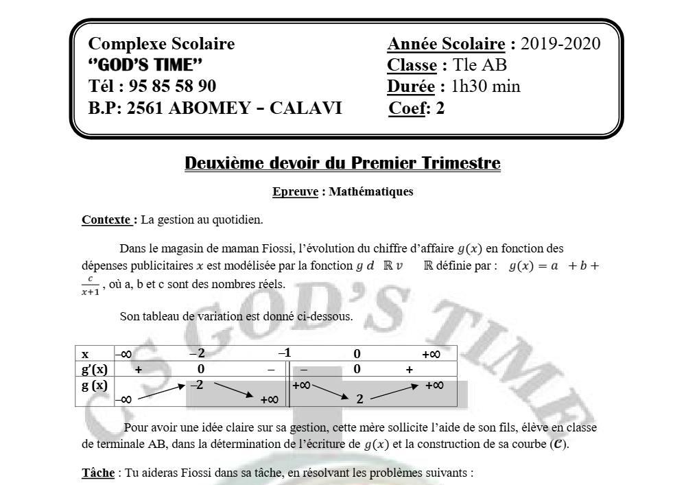 Aperçu de la première page — Tle A1 A2 B Mathématiques 2ème Devoir 1er Trimestre CS God'S Time 2019 2020