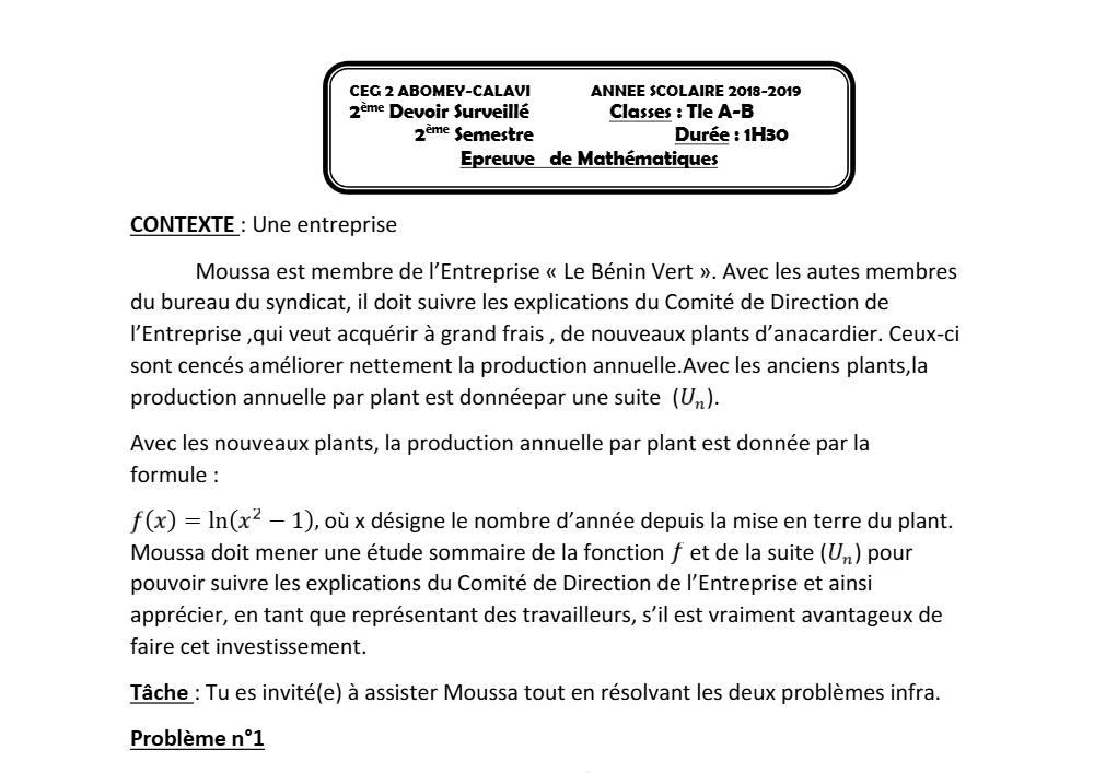 Aperçu de la première page — Tle A1 A2 B Mathématiques 2ème Devoir 2ème Semestre CEG2 Abomey Calavi 2018 2019