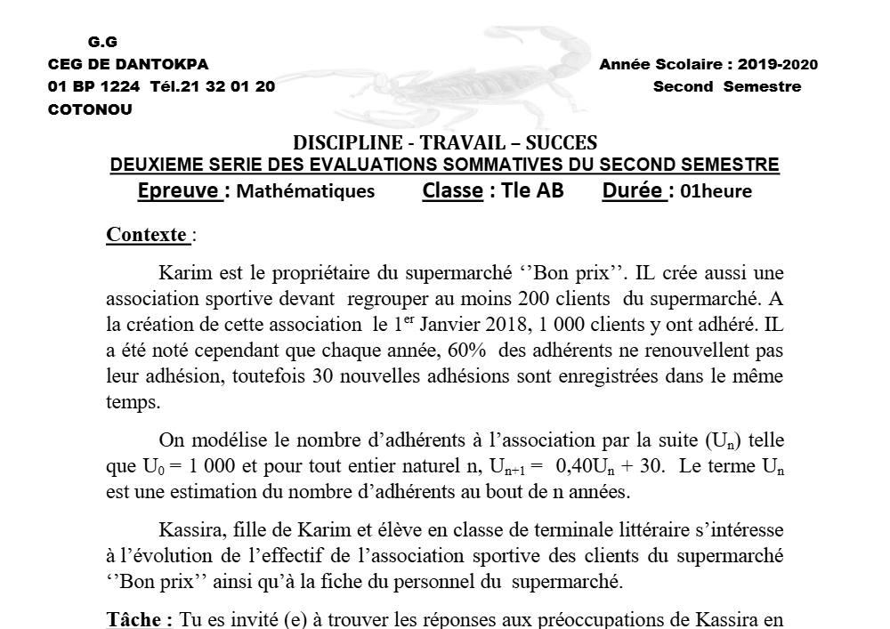 Aperçu de la première page — Tle A1 A2 B Mathématiques 2ème Devoir 2ème Semestre CEG Dantokpa 2019 2020