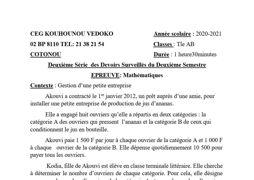 Aperçu de la première page — Tle A1 A2 B Mathématiques 2ème Devoir 2ème Semestre CEG K Vedoko 2020 2021