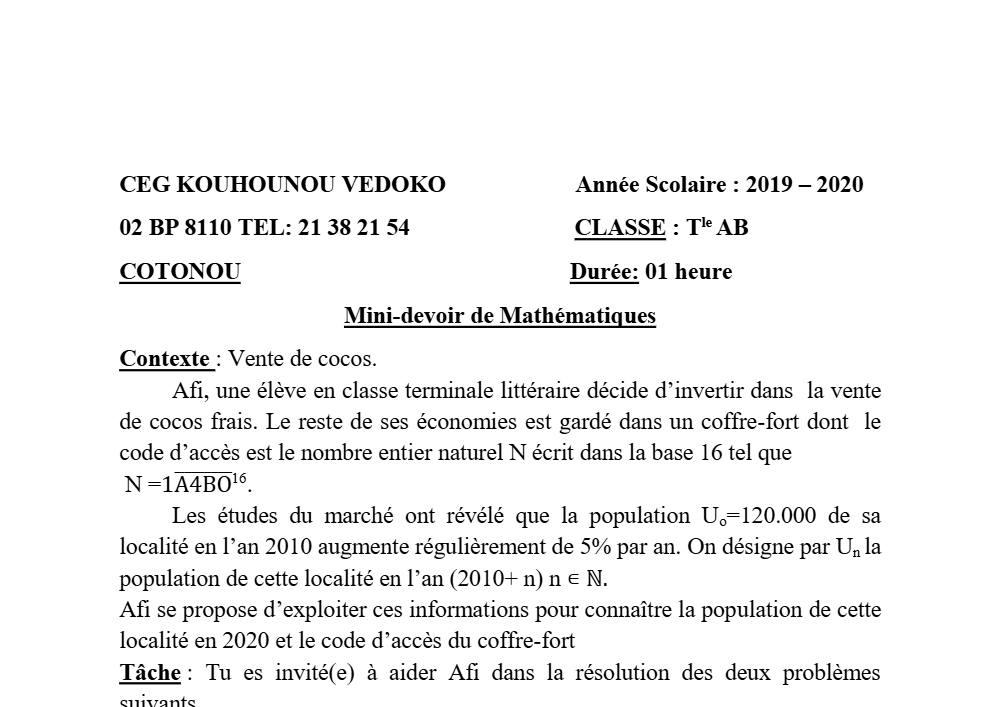 Aperçu de la première page — Tle A1 A2 B Mathématiques 2ème Devoir 2ème Semestre CEG Kouhounou 2019 2020