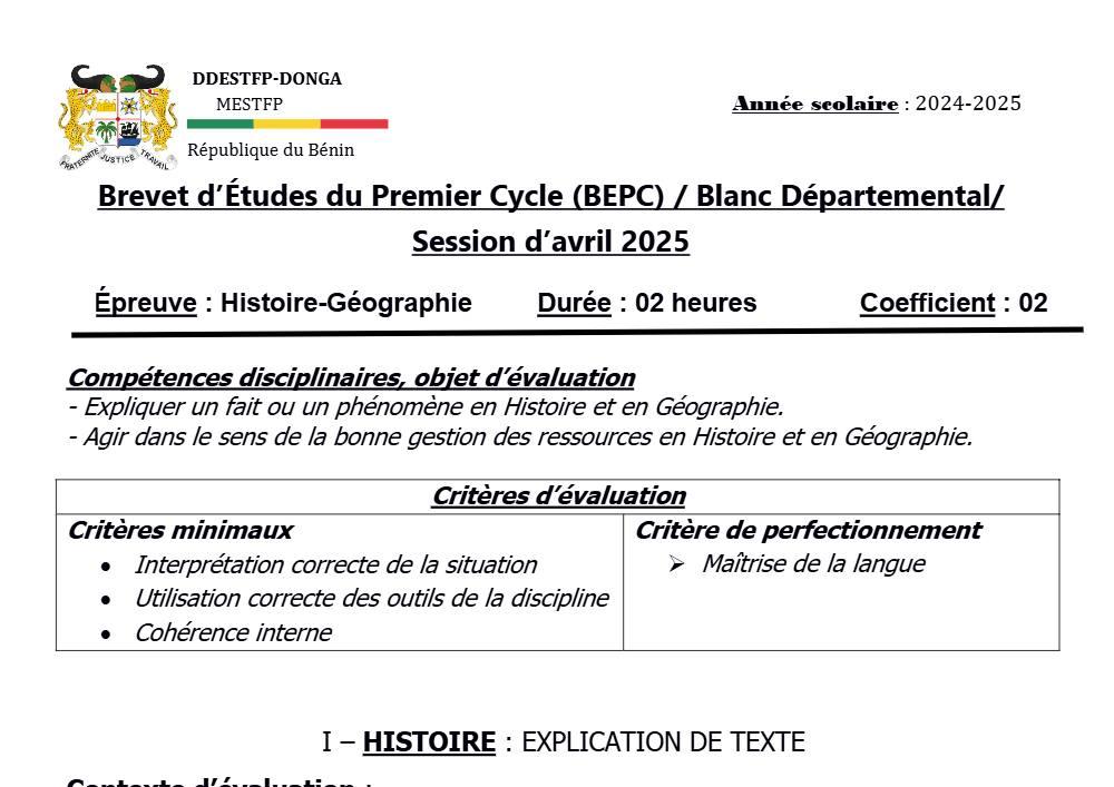 Aperçu de la première page — DONGA BEPC BLANC 2025 HIST GEO