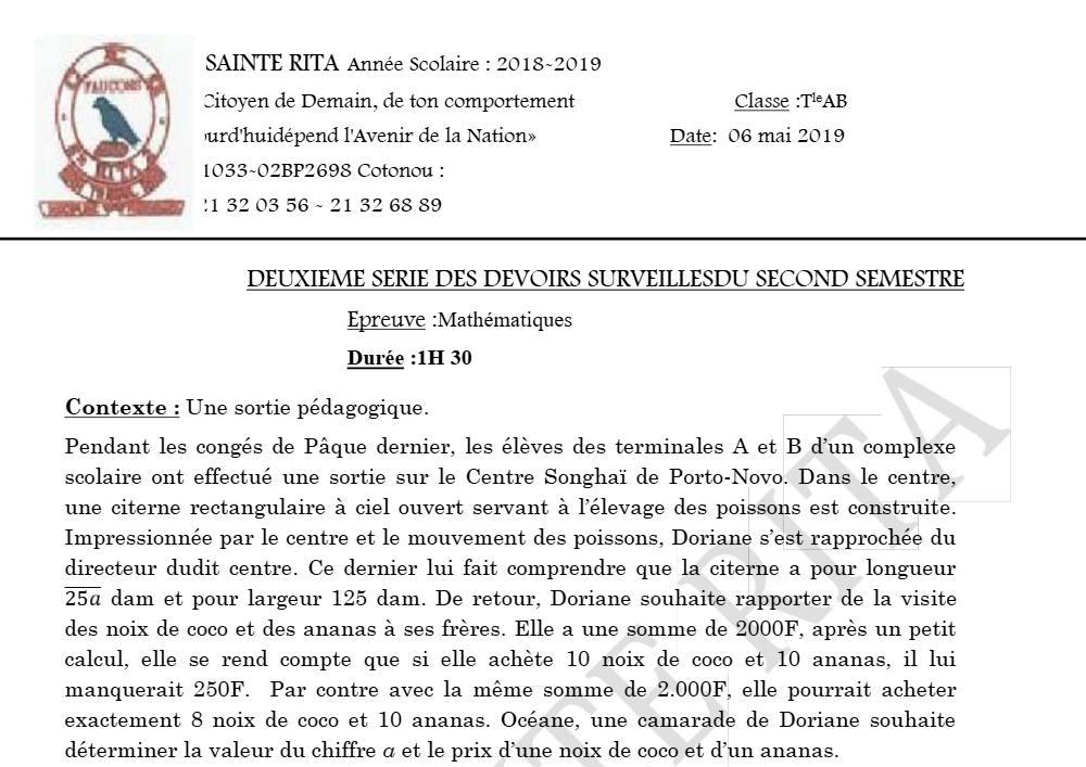 Aperçu de la première page — Tle A1 A2 B Mathématiques 2ème Devoir 2ème Semestre CEG Sainte Rita 2018 2019