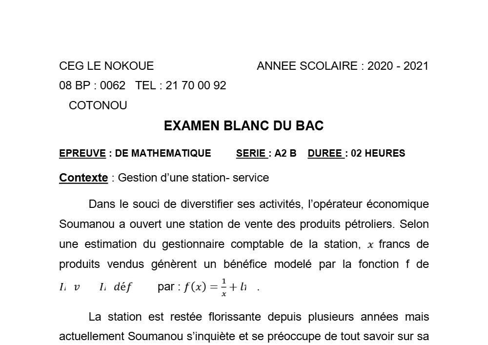 Aperçu de la première page — Tle A1 A2 B Mathématiques BAC Blanc CEG Le Nokoué 2020 2021