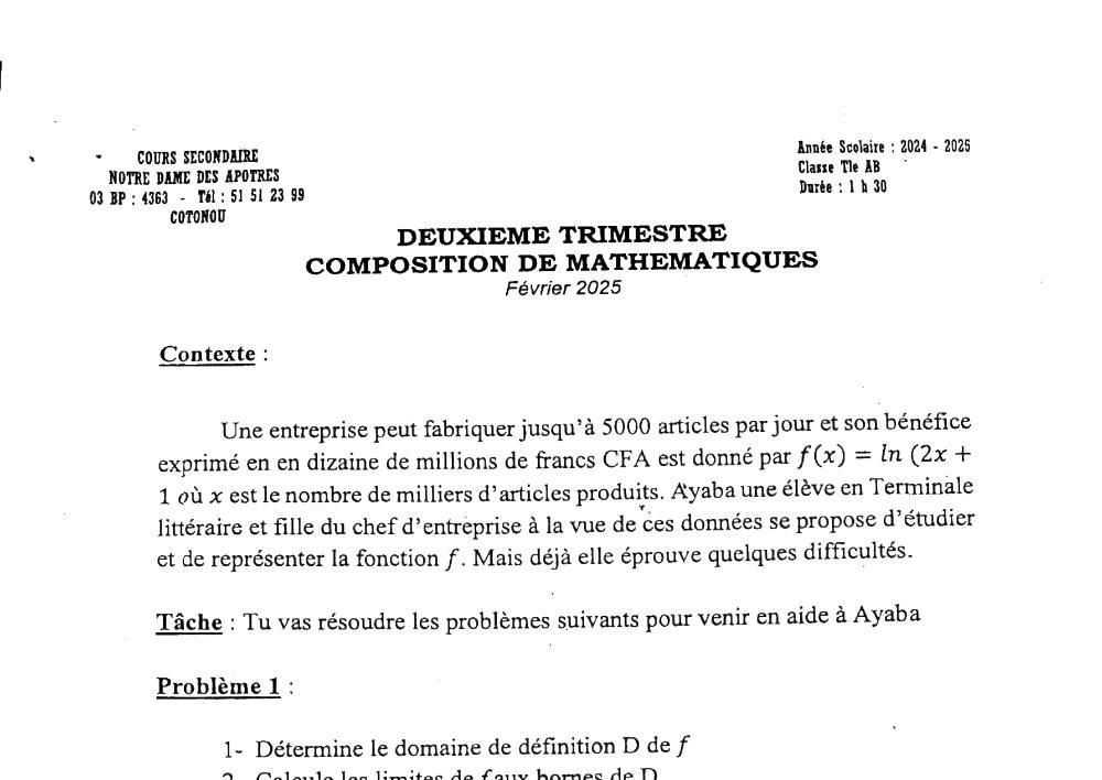Aperçu de la première page — Tle A1 A2 B Mathématiques Composition 2ème Trimestre CS Notre‑Dame des Apôtres Février 2025