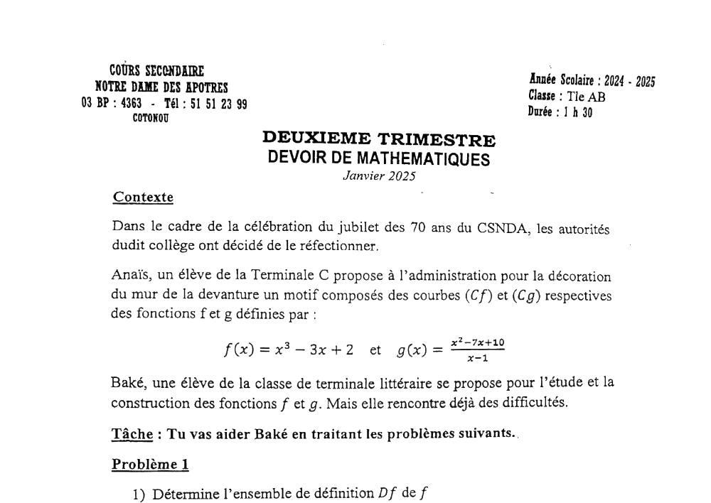 Aperçu de la première page — Tle A1 A2 B Mathématiques Devoir 2ème Trimestre CS Notre‑Dame des Apôtres Janvier 2025