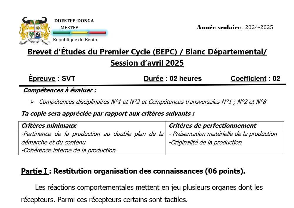Aperçu de la première page — DONGA BEPC BLANC 2025 SVT