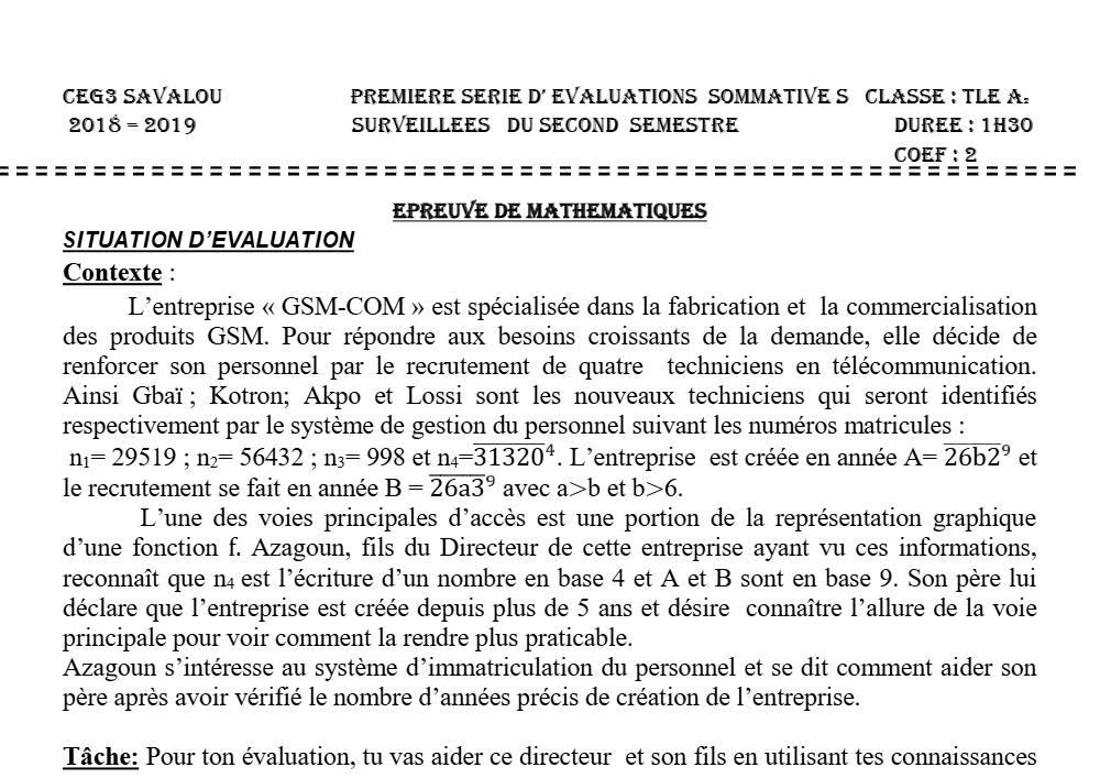 Aperçu de la première page — Tle A2 Mathématiques 1er Devoir 2ème Semestre CEG3 Savalou 2018 2019