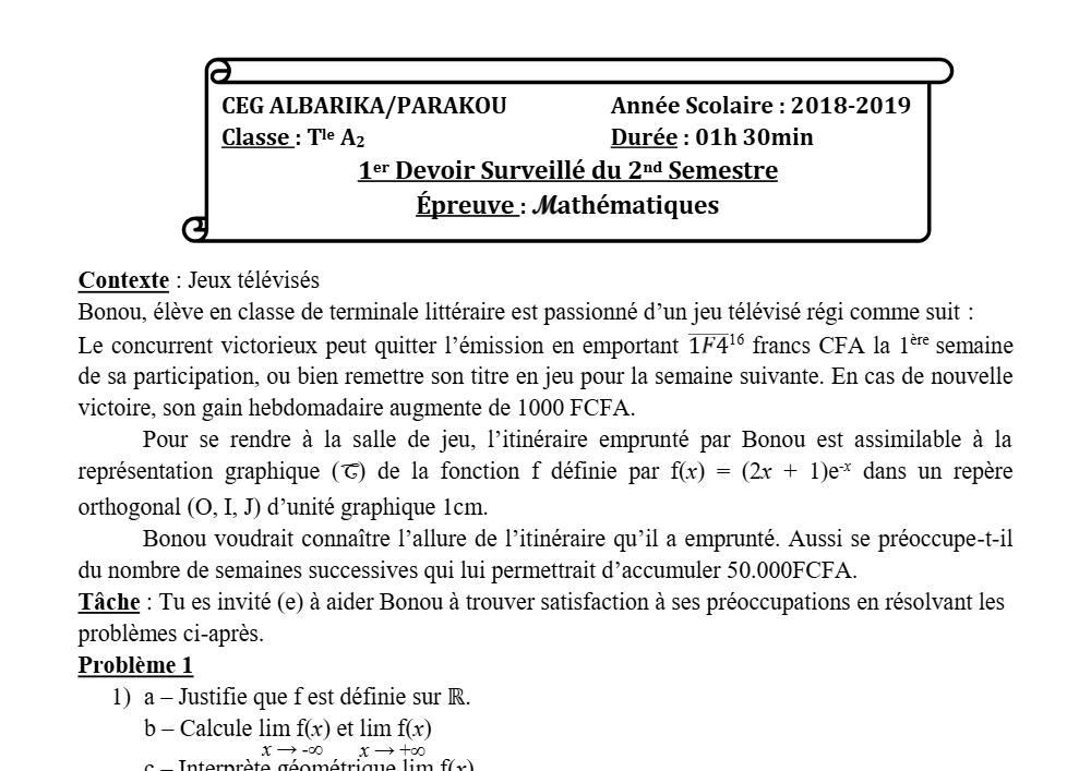 Aperçu de la première page — Tle A2 Mathématiques 1er Devoir 2ème Semestre CEG Albarika 2018 2019