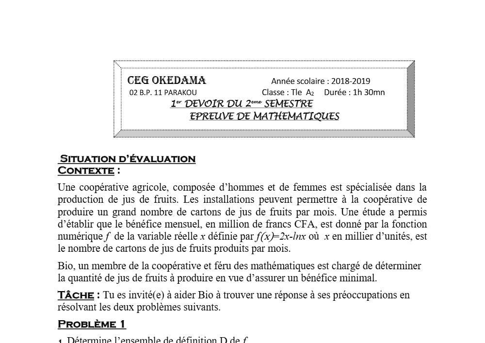 Aperçu de la première page — Tle A2 Mathématiques 1er Devoir 2ème Semestre CEG Okedama 2018 2019