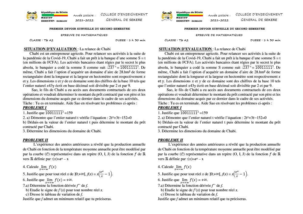 Aperçu de la première page — Tle A2 Mathématiques 1er Devoir 2ème Semestre CEG Sékéré 2021 2022