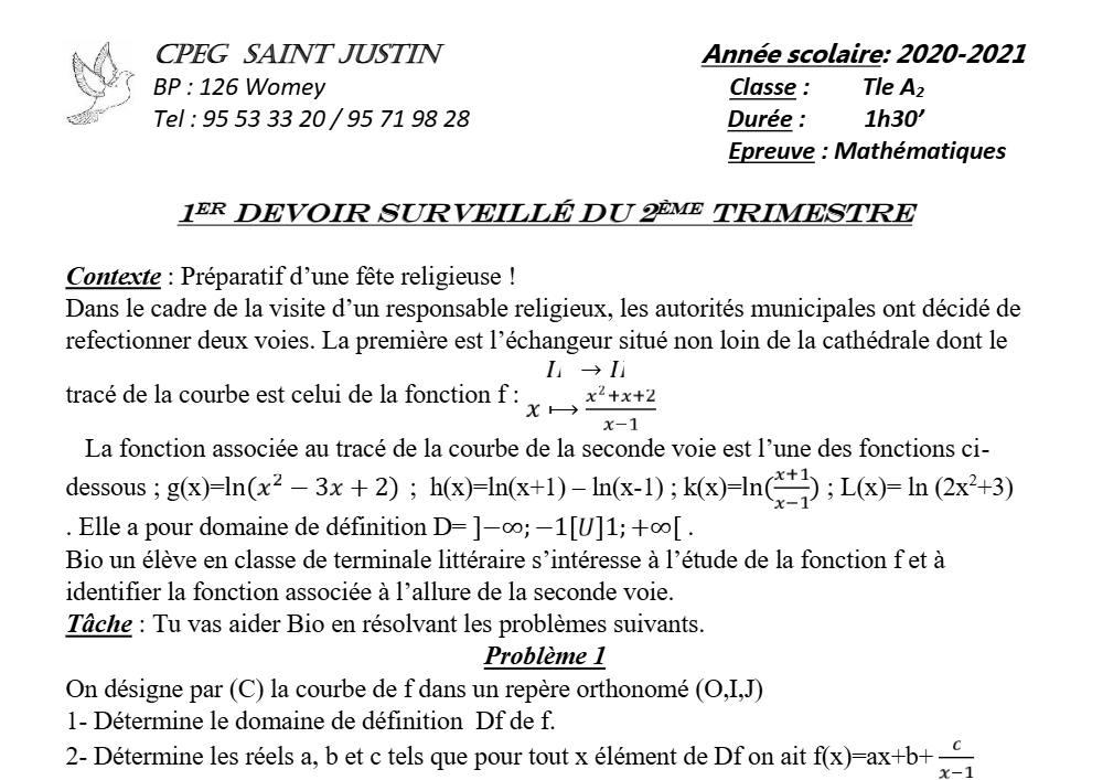 Aperçu de la première page — Tle A2 Mathématiques 1er Devoir 2ème Trimestre CPEG Saint Justin 2021