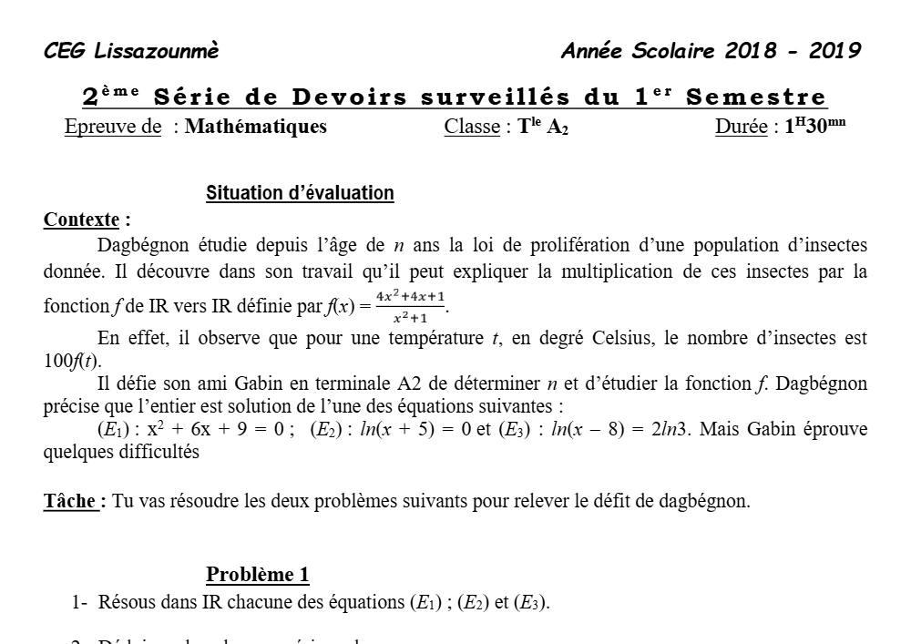 Aperçu de la première page — Tle A2 Mathématiques 2ème Devoir 1er Semestre CEG Lissazounme 2018 2019