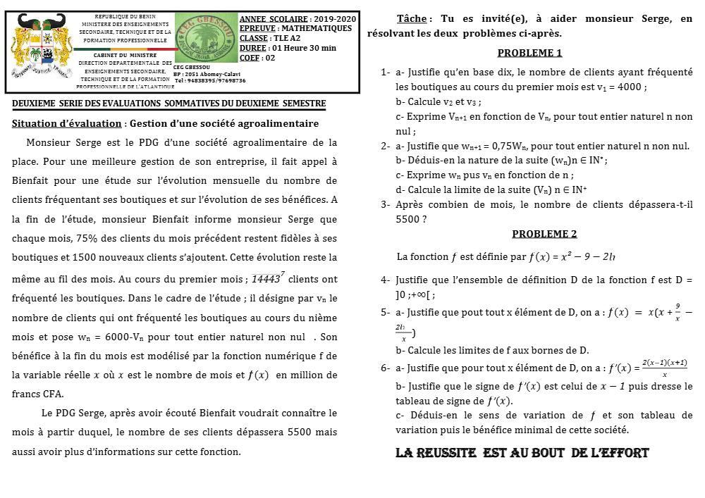 Aperçu de la première page — Tle A2 Mathématiques 2ème Devoir 2ème Semestre CEG Gbessou 2019 2020