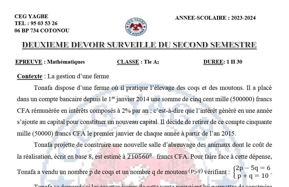 Aperçu de la première page — Tle A2 Mathématiques 2ème Devoir 2ème Semestre Collège Yagbe 2023 2024