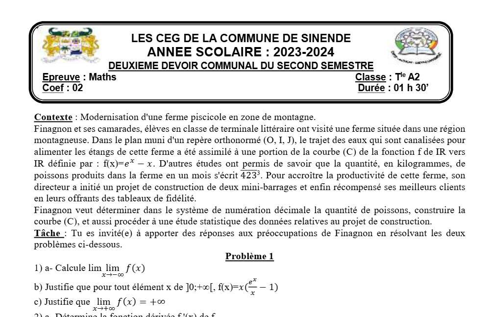 Aperçu de la première page — Tle A2 Mathématiques 2ème Devoir 2ème Semestre Commune Sinende 2023 2024