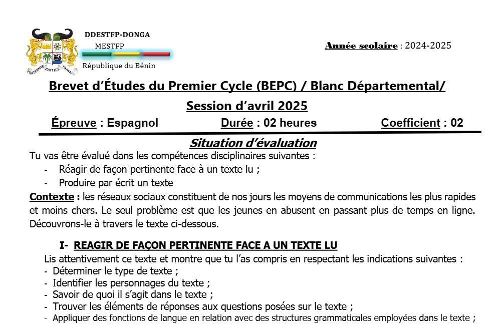 Aperçu de la première page — DONGA BEPC BLANC 2025 ESPAGNOL