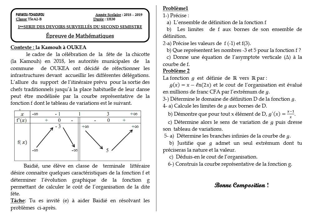 Aperçu de la première page — Tle A2 B Mathématiques 1er Devoir 2ème Semestre A2b CEG Tchaourou 2018 2019