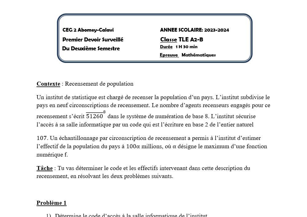 Aperçu de la première page — Tle A2 B Mathématiques 1er Devoir 2ème Semestre CEG2 Abomey Calavi 2023 2024
