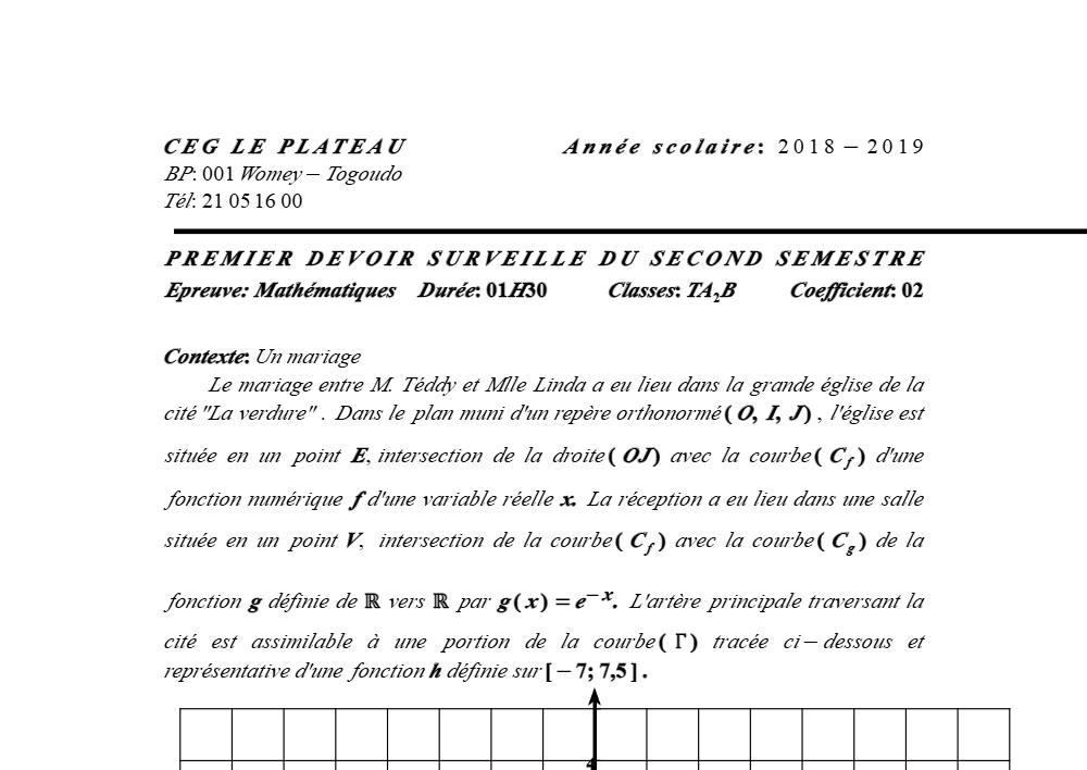 Aperçu de la première page — Tle A2 B Mathématiques 1er Devoir 2ème Semestre CEG Le Plateau 2018 2019