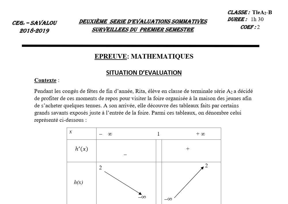 Aperçu de la première page — Tle A2 B Mathématiques 2ème Devoir 1er Semestre CEG2 Savalou 2018 2019
