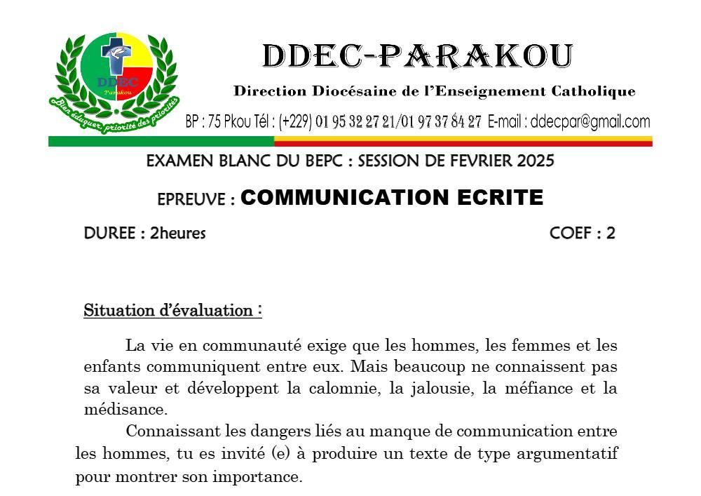 Aperçu de la première page — Communication Écrite BEPC Blanc Diocèse de Parakou 2025
