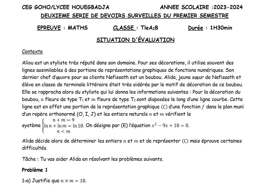 Aperçu de la première page — Tle A2 B Mathématiques 2ème Devoir 1er Semestre CEG Goho Lycée Houegbadja 2023 2024