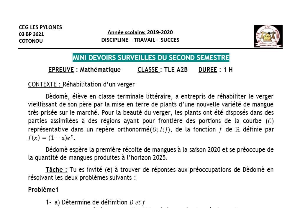 Aperçu de la première page — Tle A2 B Mathématiques 2ème Devoir 2ème Semestre A2b CEG Les Pylônes 2019 2020