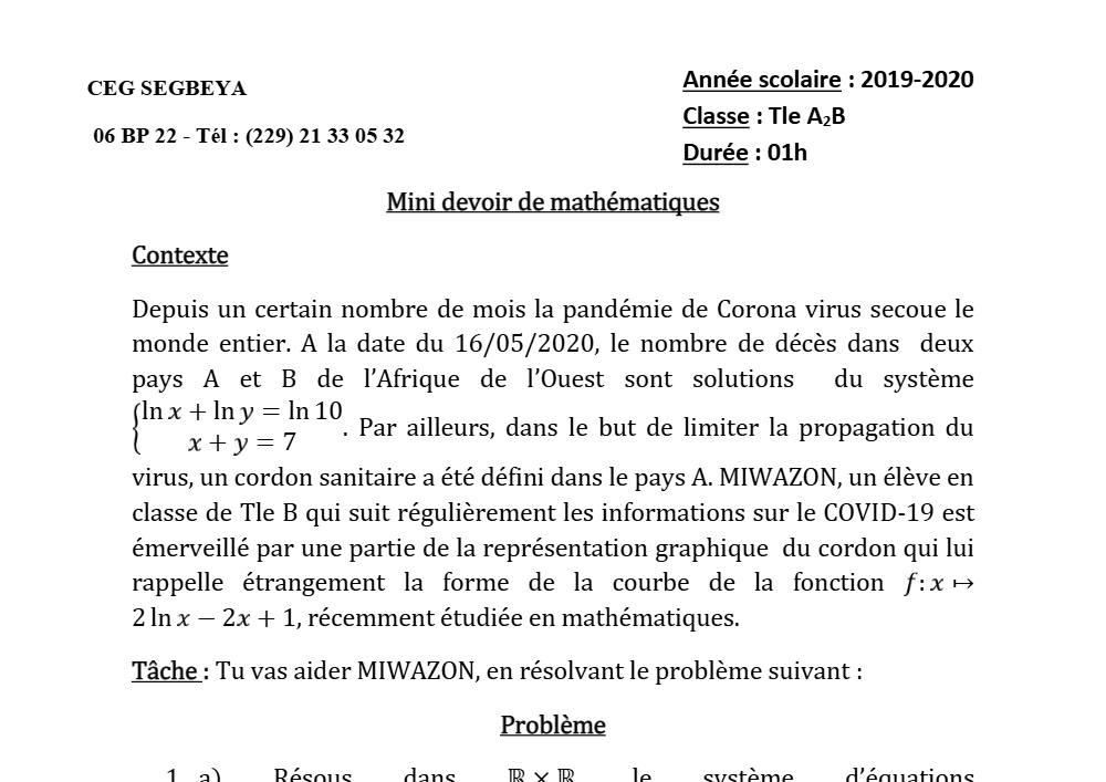 Aperçu de la première page — Tle A2 B Mathématiques 2ème Devoir 2ème Semestre CEG Ségbéya 2019 2020