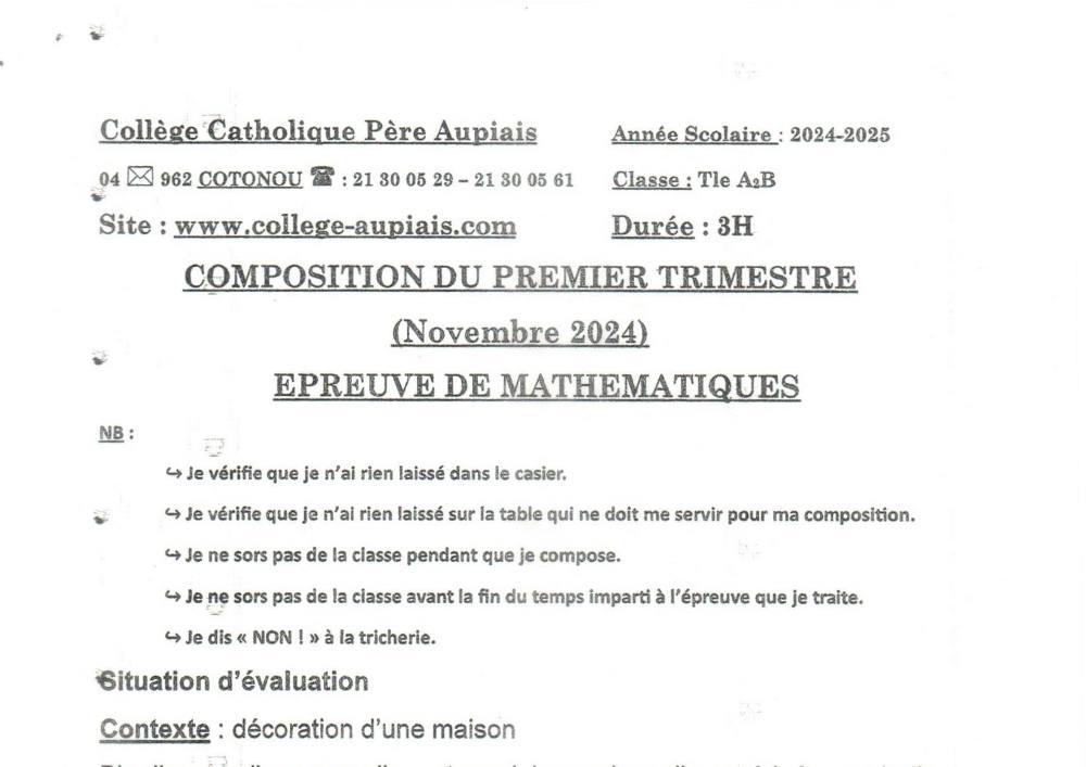 Aperçu de la première page — Tle A2 B Mathématiques 2ème Évaluation 1er Trimestre A2b Collège Catholique Père Aupiais 2024 2025