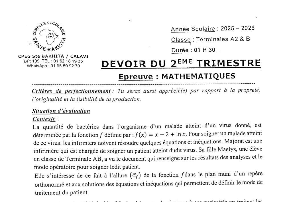 Aperçu de la première page — Tle A2 B Mathématiques Devoir 2ème Trimestre CPEG Ste Bakhita Janvier 2026