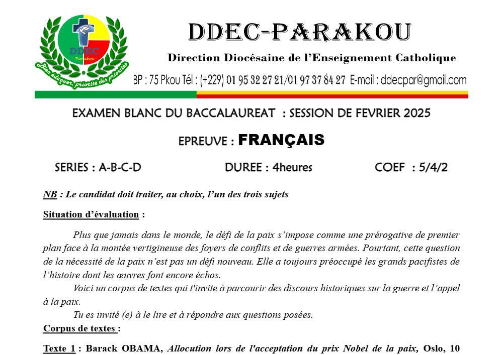 Aperçu de la première page — Français Séries A B C D BAC Blanc Diocèse de Parakou 2025
