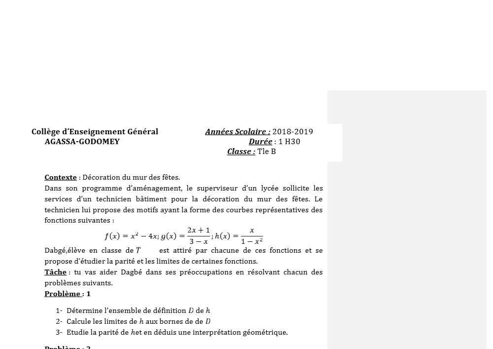 Aperçu de la première page — Tle B Mathématiques 1er Devoir 1er Semestre CEG Agassa Godomey 2018 2019