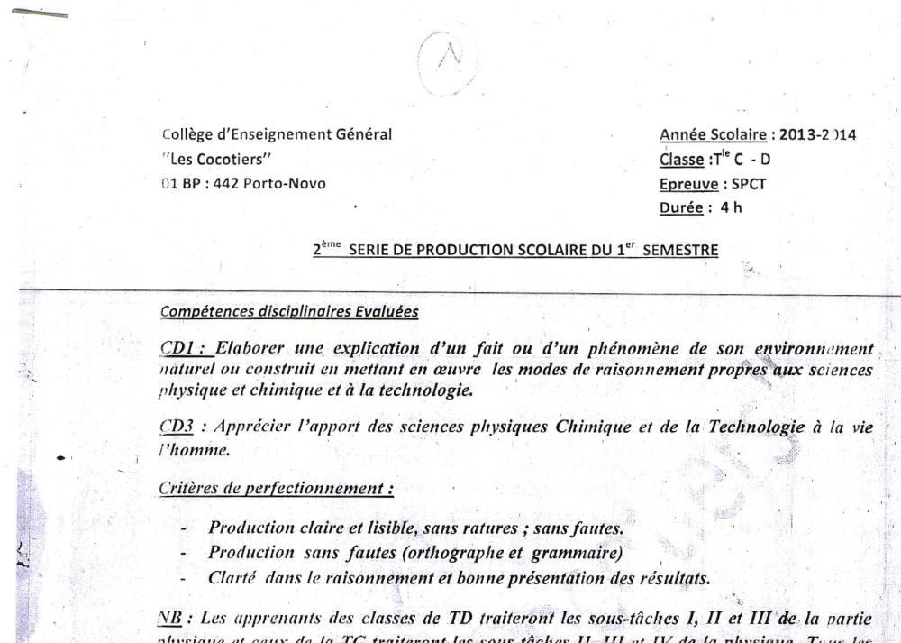 Aperçu de la première page — Tle PCT 2ème Devoir 2ème Semestre CEG Les Cocotiers Tles C & D 2013 2014