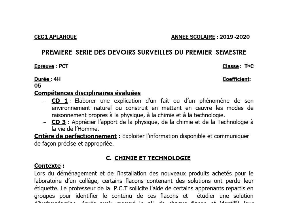 Aperçu de la première page — Tle C PCT 1er Devoir 1er Semestre CEG1 Aplahoué 2019 2020