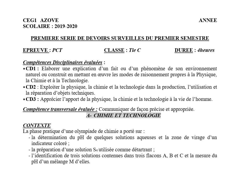 Aperçu de la première page — Tle C PCT 1er Devoir 1er Semestre CEG1 Azové 2019 2020