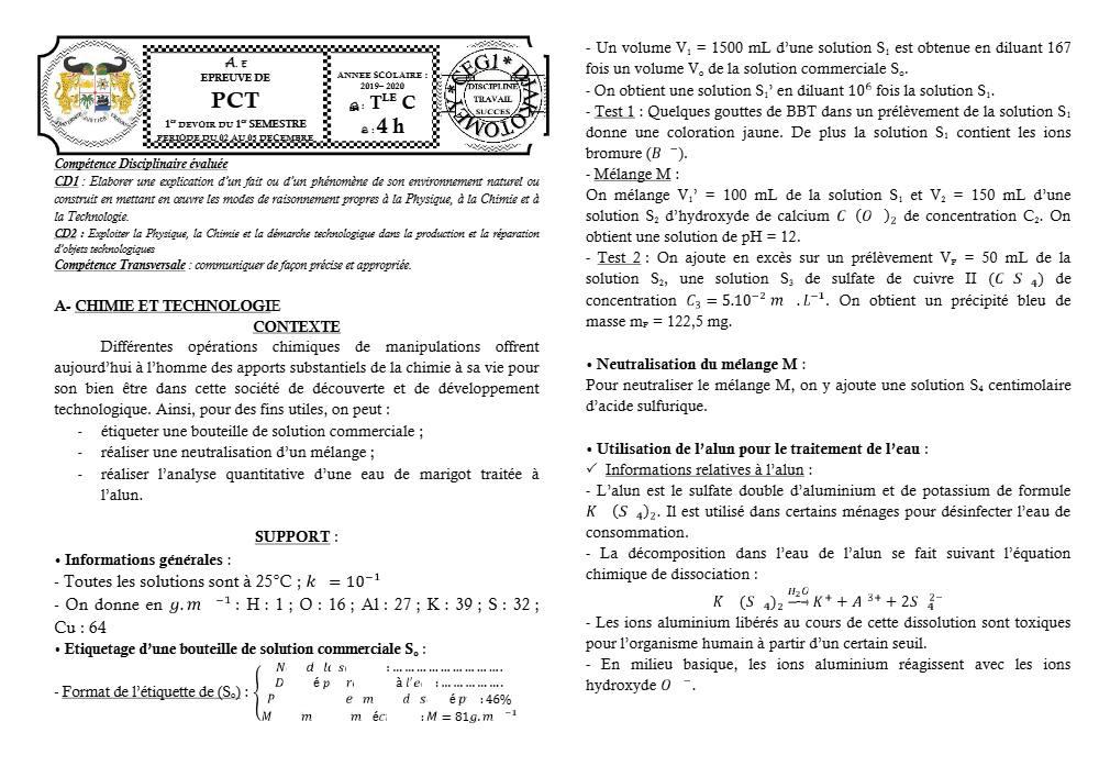 Aperçu de la première page — Tle C PCT 1er Devoir 1er Semestre CEG1 Djakotomey 2019 2020
