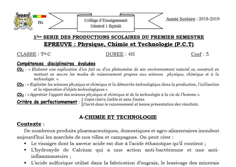 Aperçu de la première page — Tle C PCT 1er Devoir 1er Semestre CEG1 Ikpinlè 2018 2019