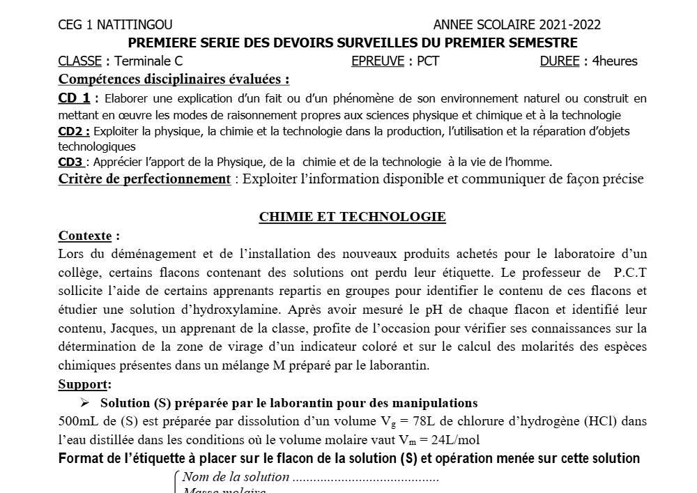 Aperçu de la première page — Tle C PCT 1er Devoir 1er Semestre CEG1 Natitingou 2021 2022 (2)