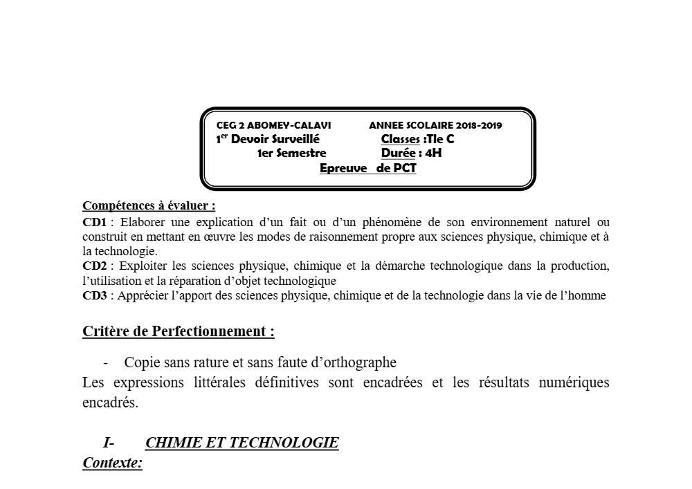 Aperçu de la première page — Tle C PCT 1er Devoir 1er Semestre CEG2 Abomey Calavi 2018 2019