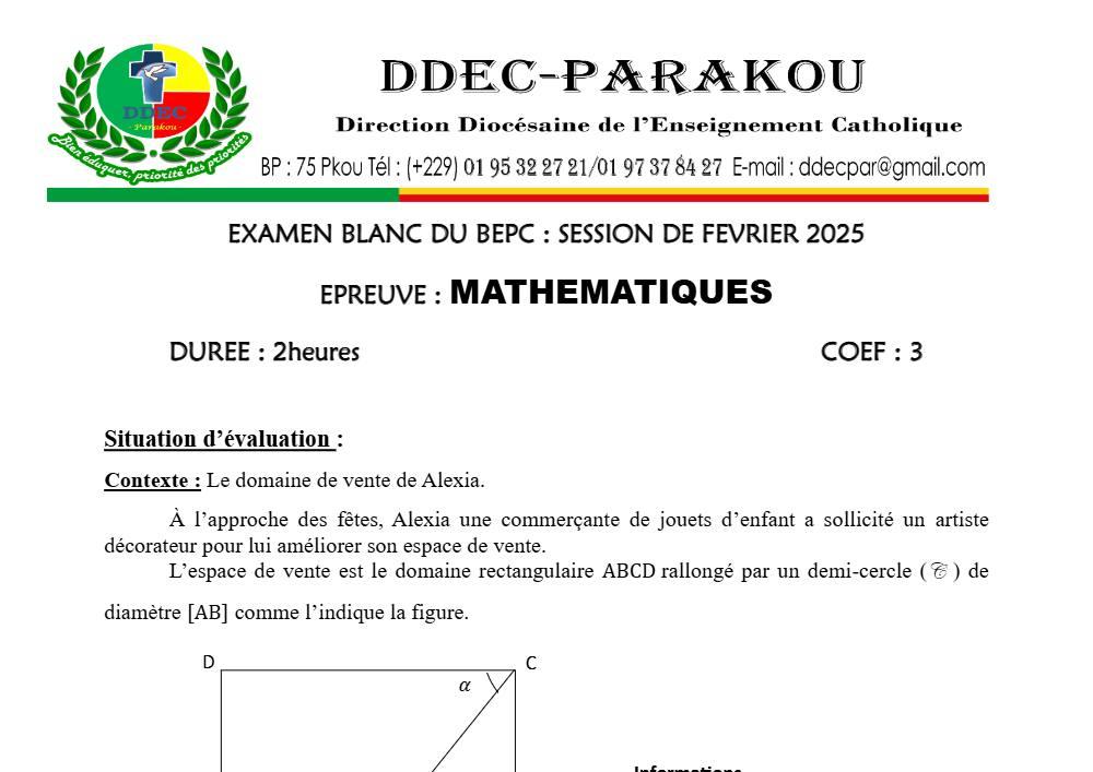Aperçu de la première page — Mathématiques BEPC Blanc Diocèse de Parakou 2025