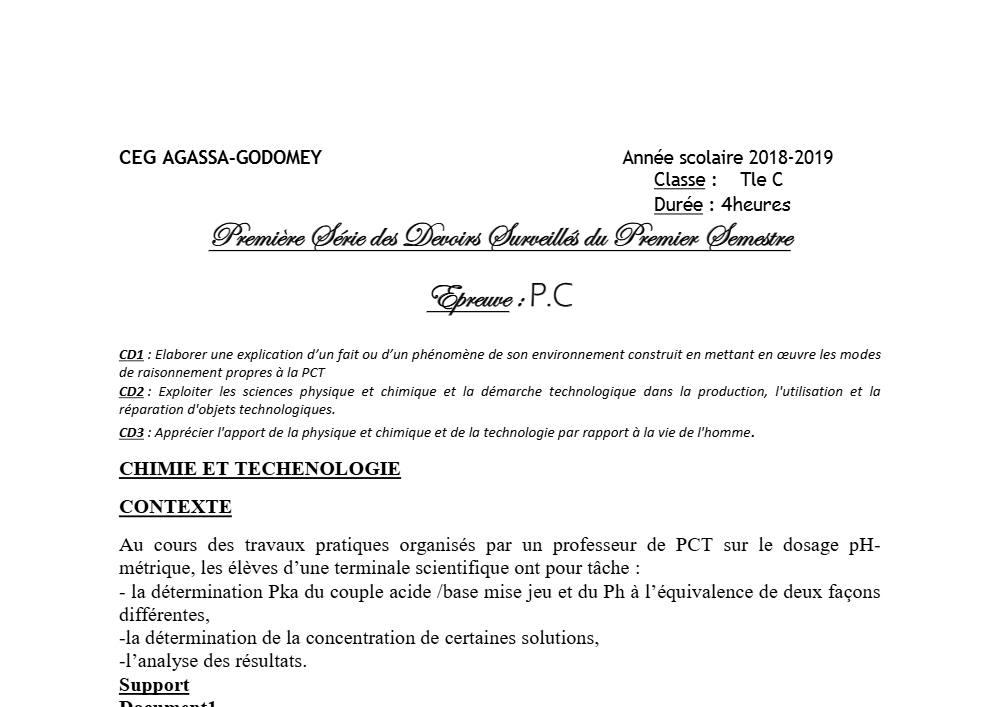 Aperçu de la première page — Tle C PCT 1er Devoir 1er Semestre CEG Agassa Godomey 2018 2019